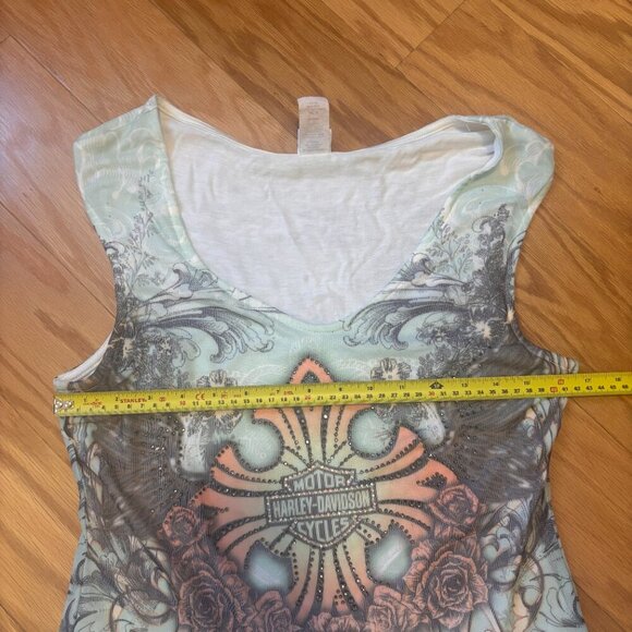 Harley Davidson Sheer Rhinestone Cross Floral Women’s Tank Top Size Large - Picture 6 of 7